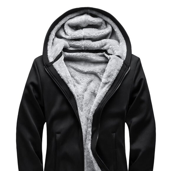 Black Casual Mens Zip-up Thermal Lined Hooded Jacket